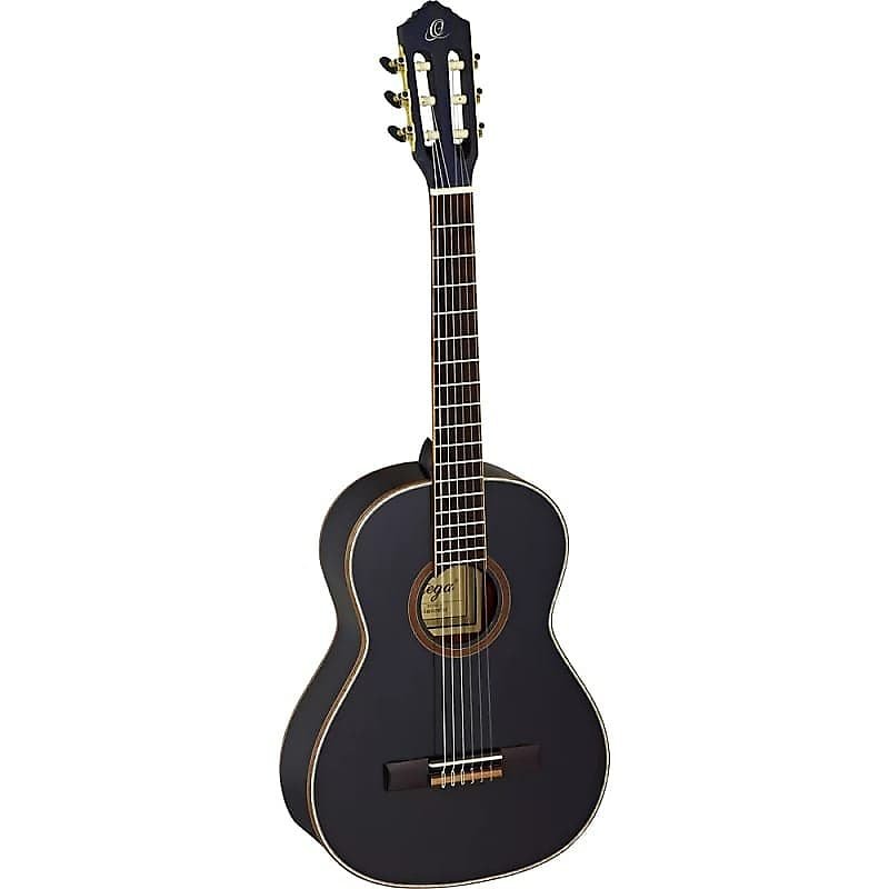 Guitarra de cuerdas de nailon de tamaño 3/4 de la serie familiar Ortega Guitars R221BK-3/4 en negro satinado con funda